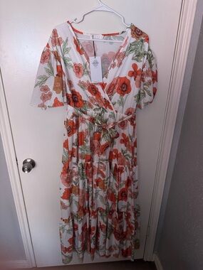 Eloquii Floral Wrap Maxi Dress in White and Orange